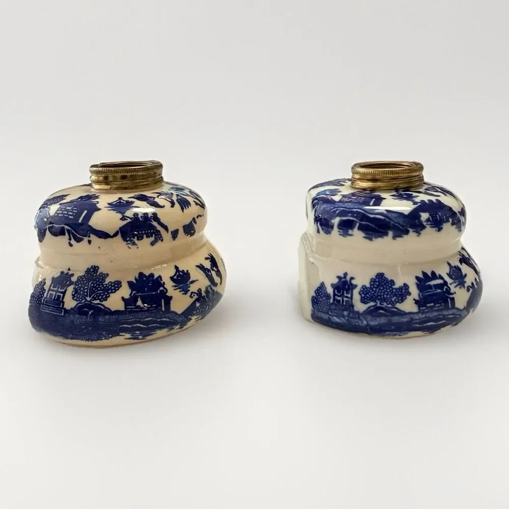 Vintage Victorian Japanese Blue Willow Decorative Oil Lamp Pair Set